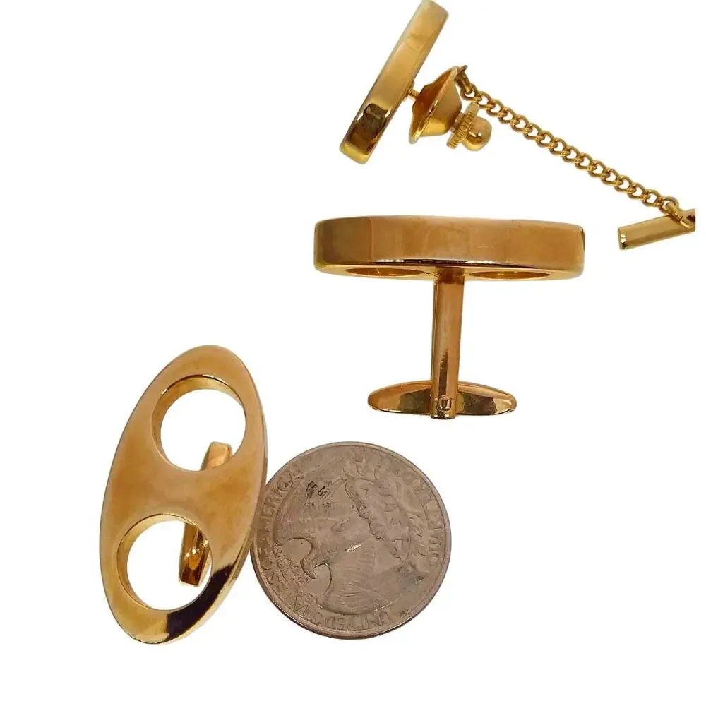 Cufflinks Tie Tack Gold Tone Sarah Coventry Switzerland Modernist Oval Circles
